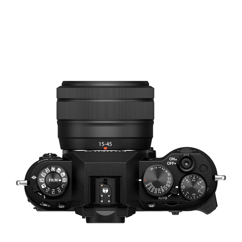 Fujifilm X-T50 mit XC 15-45mm F3.5-5.6 OIS PZ Objektiv, schwarz, von oben.