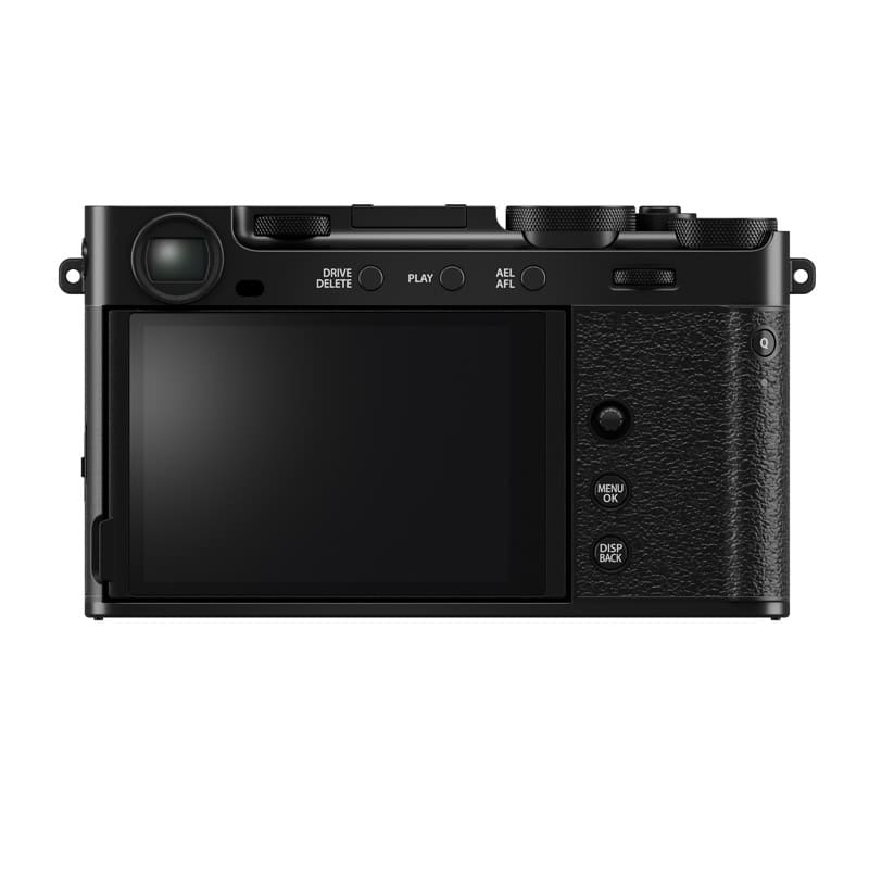 Schwarzes Fujifilm X-E5 Gehäuse mit Bedienelementen und Display.